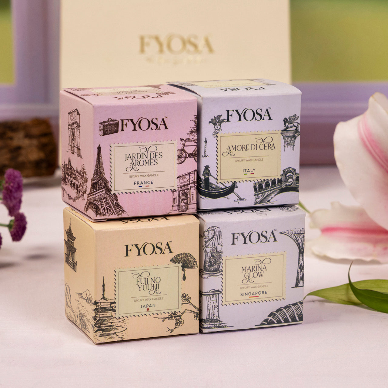 Fyosa World Journey – Pack of 4 Scented Candles (France, Italy, Japan, Singapore) - COMBO-3