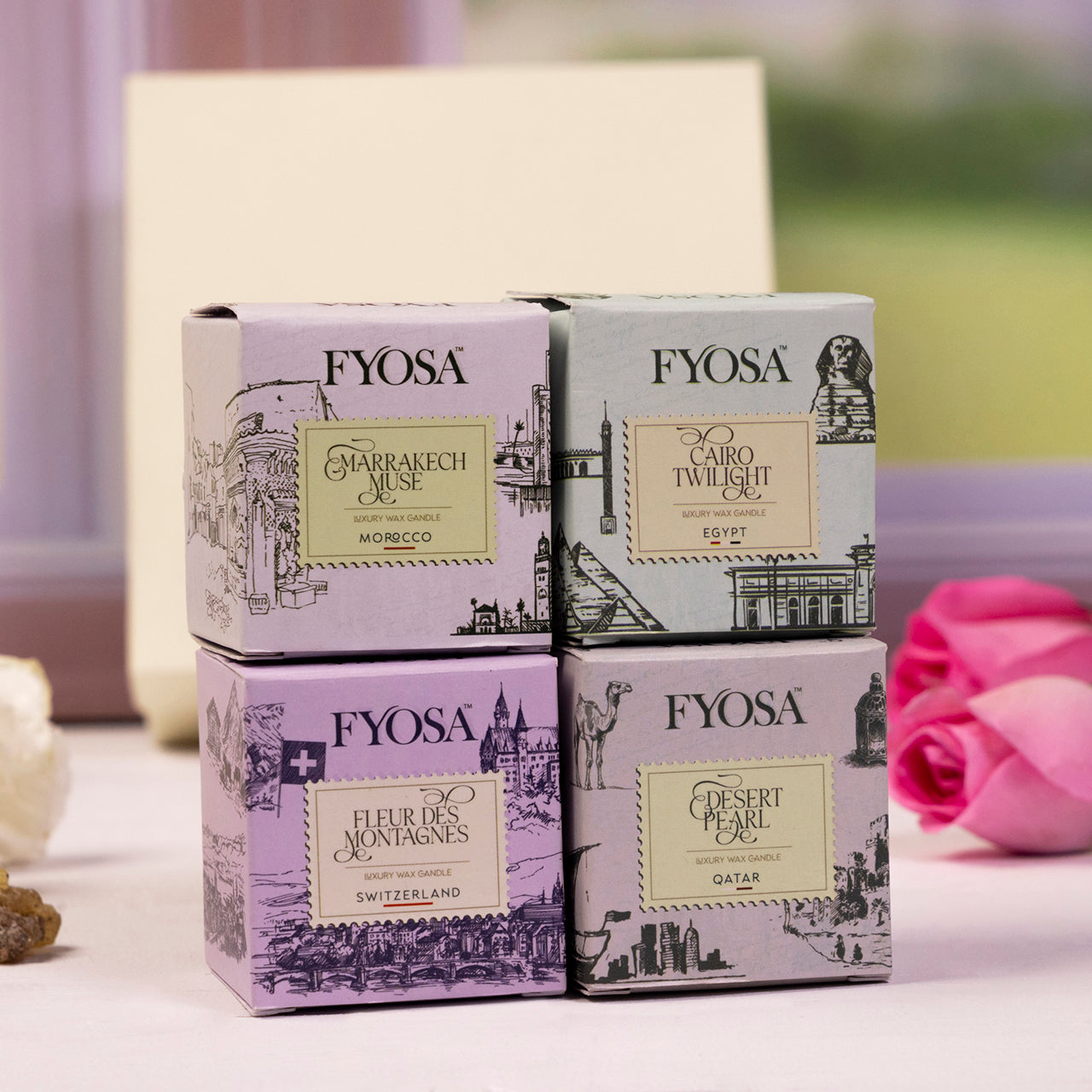Fyosa World Journey – Pack of 4 Scented Candles (Qatar, Switzerland, Egypt, Morocco) - COMBO-1